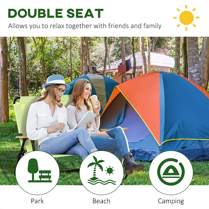 Outsunny Portable Folding Double Camping Chair Cup Holder， Loveseat for 2 Person， Outdoor Chair with Wood Armrest Beach Travel， Green