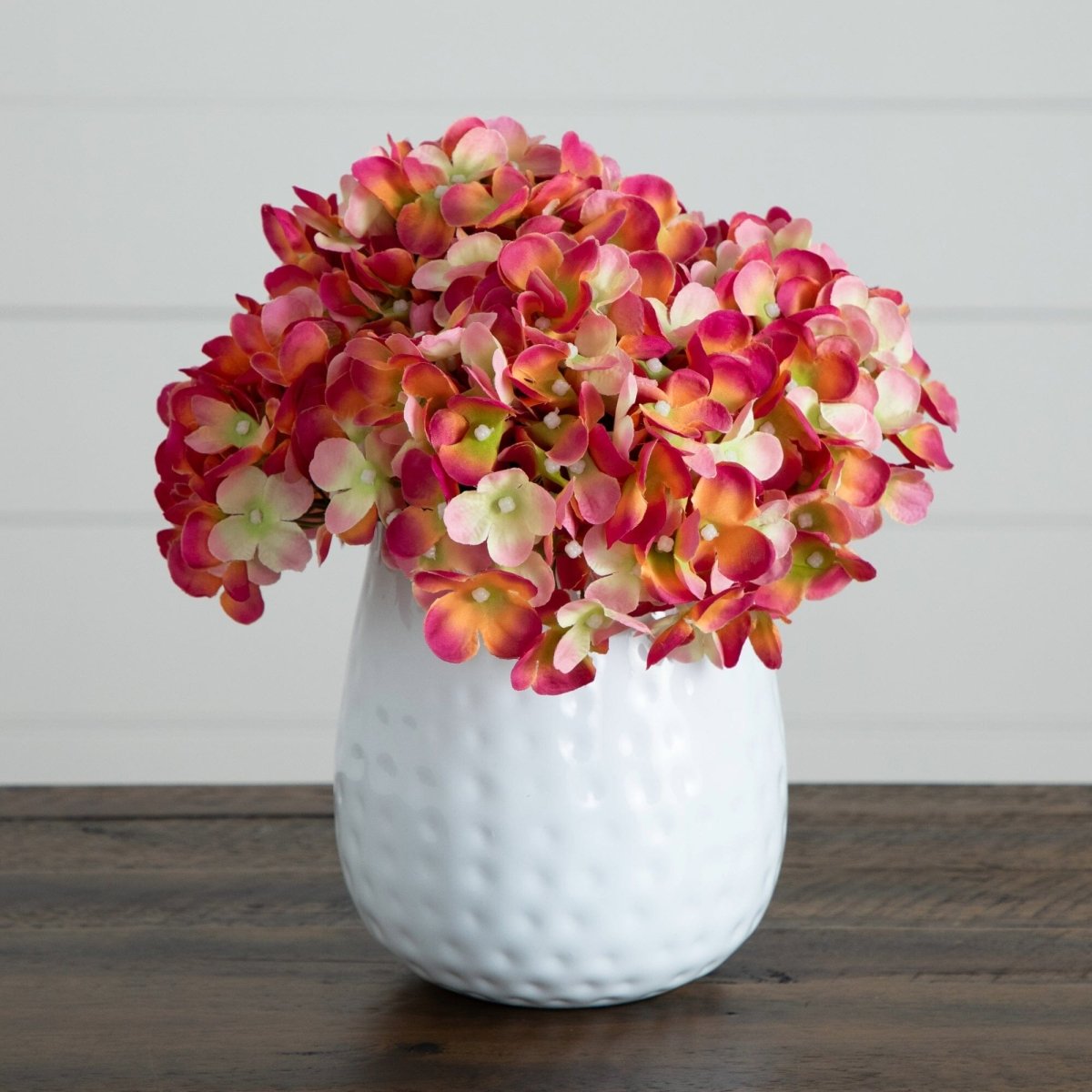 11” Artificial Hydrangea Arrangement in White Metal Vase