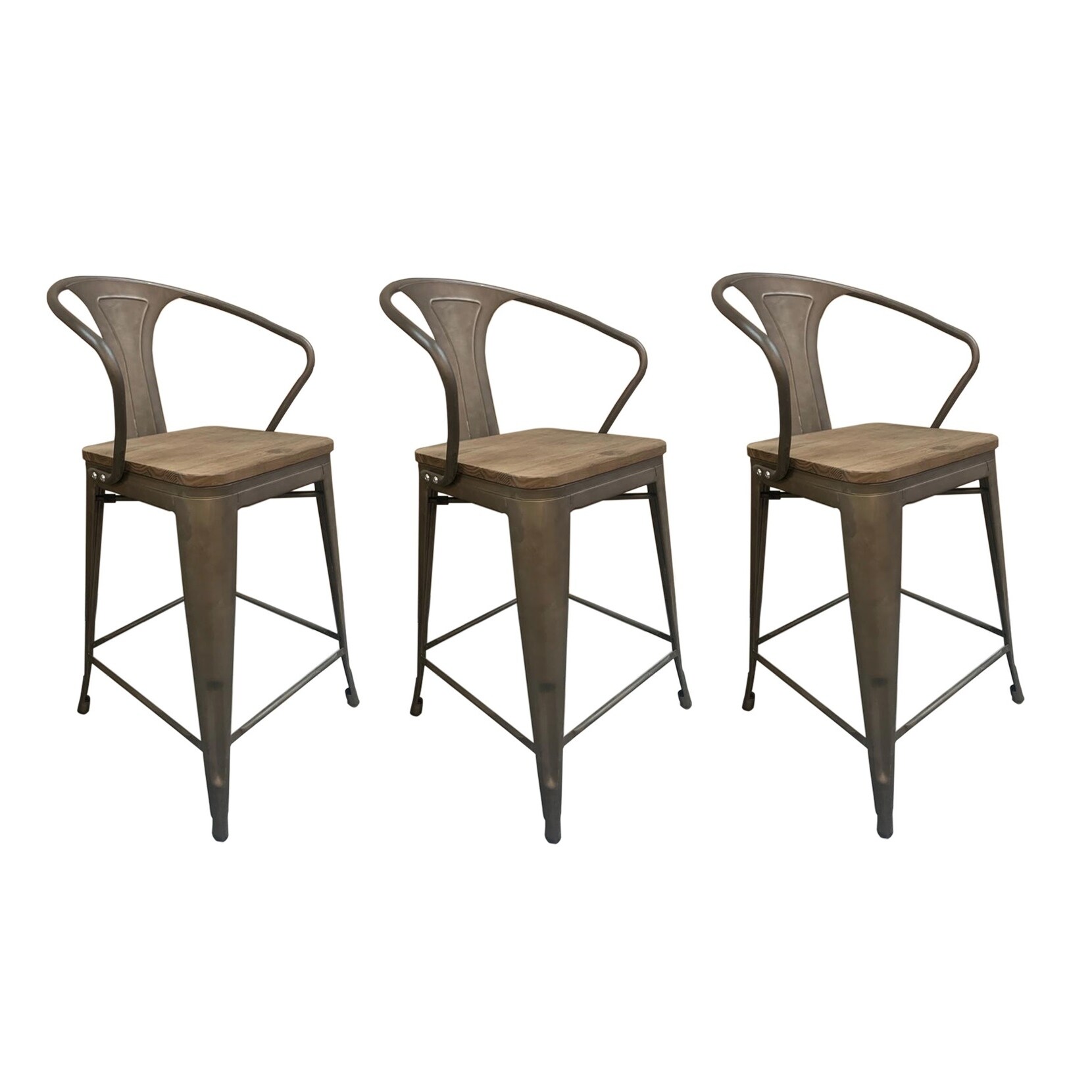 Metal Stool With Arm Walnut Wood Seat (Set of 3)