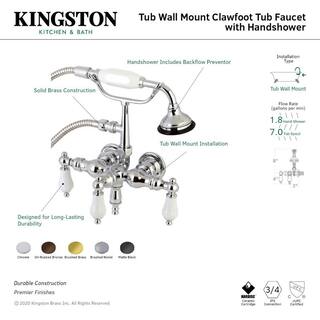 Kingston Brass Vintage 3-38 in. Wall Mount 3-Handle Claw Foot Tub Faucet with Hand Shower in Matte Black HAE23T0