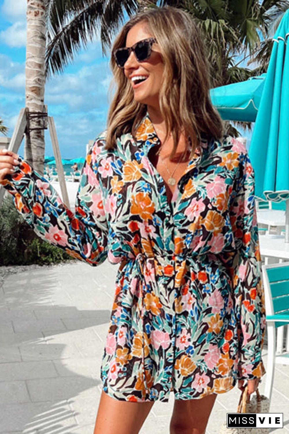 Multicolor Floral Buttoned Collared Long Sleeve Mini Dress