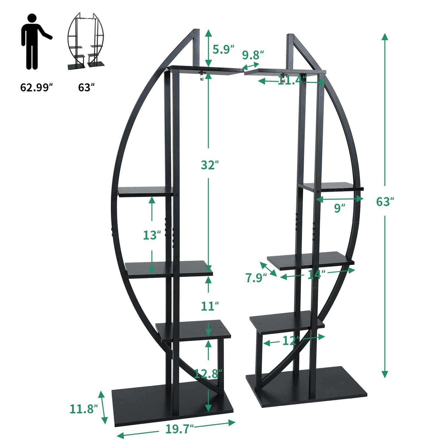 ELECWISH 5 Tier Tall Metal Indoor Plant Stand With 2 Hooks, Plant Shelf Holder Half-Moon-Shaped Multi-Purpose Plant Stands for Home Decor, Balcony, Patio, Garden(Black 2 Pack)