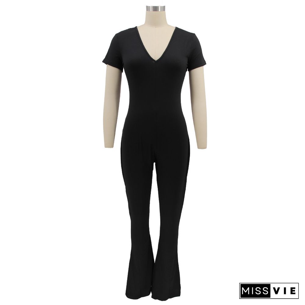 Short Sleeve V-neck Solid Flare Jumpsuit