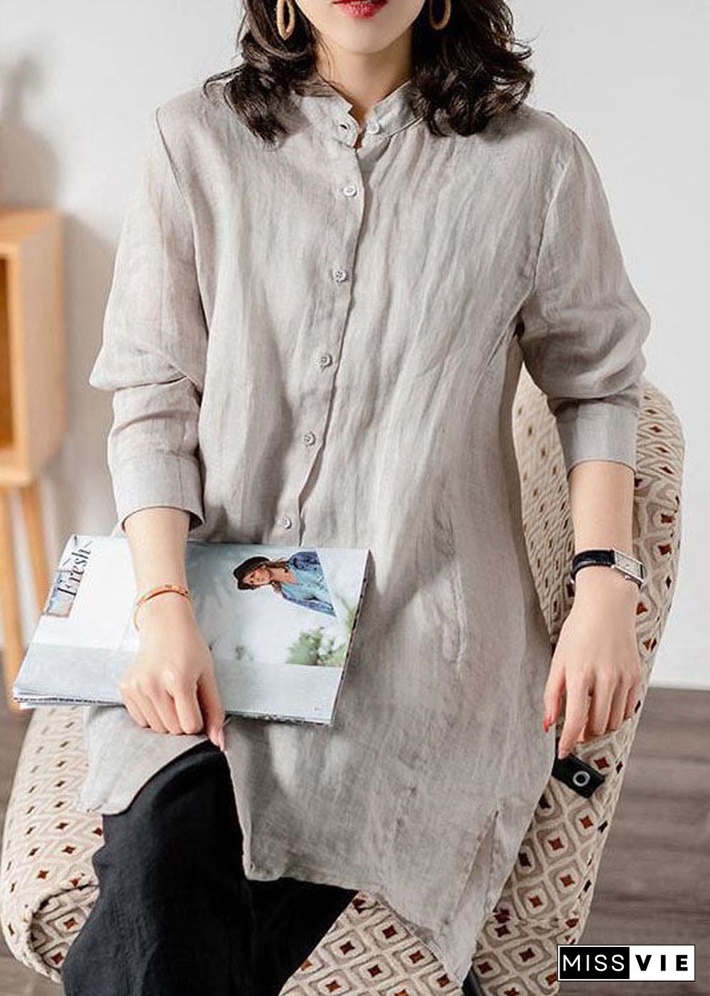 Grey Patchwork Linen Blouses Button Bracelet Sleeve