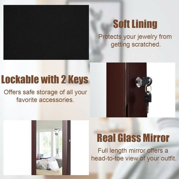 Lockable Wall Door Mounted Mirror Jewelry Cabinet with LED Lights - 14.5