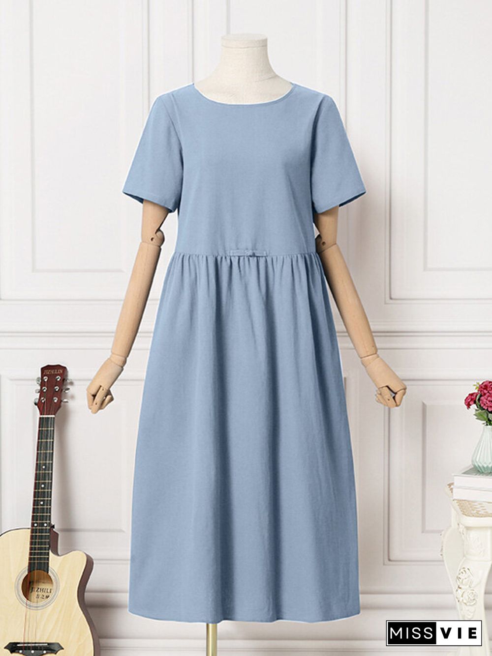 Solid Ruched Round Neck Short Sleeve Casual Cotton Midi Dress