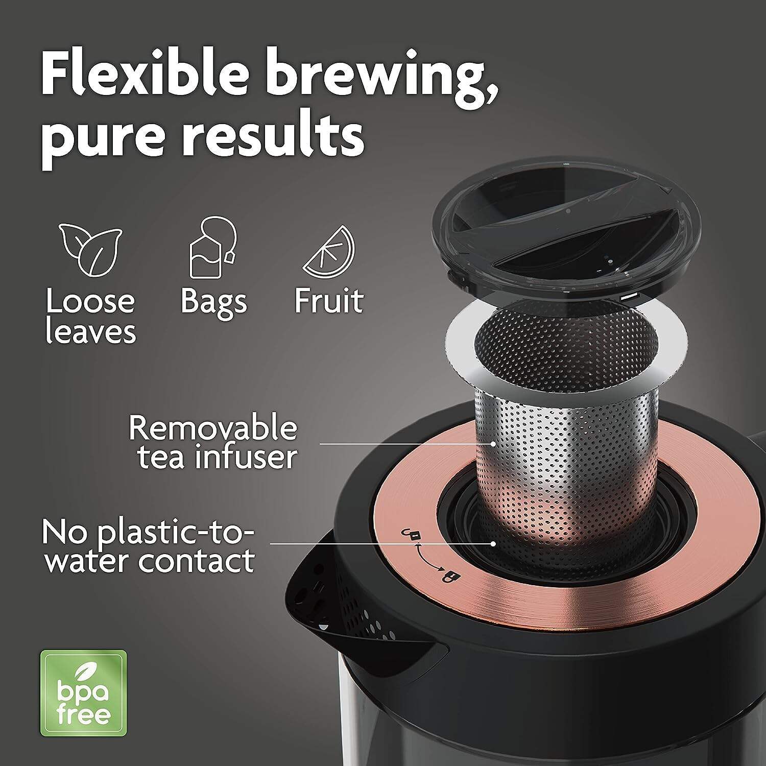 Vianté Hot Tea Maker Electric Glass Kettle with tea infuser and temperature control. Automatic Shut off. Brewing Programs for your favorite teas and Coffee.