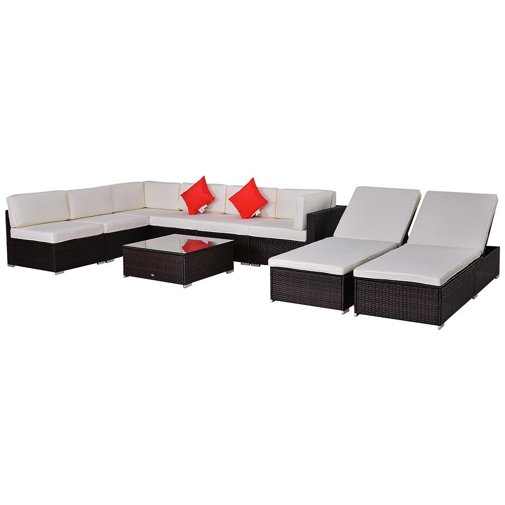 Outsunny Modern 9 Piece Outdoor Patio Rattan Wicker Sofa Sectional and Chaise Lounge Furniture Set   Desert Sand