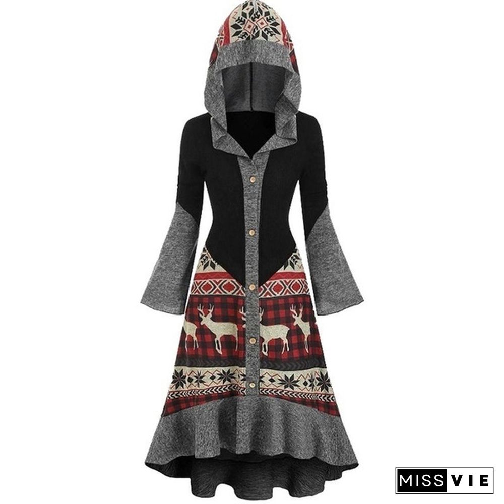 Womens Fashion Christmas Elk Printing Dress Long Section Hooded Ruffled Hem Cloak Knitted Dress Plus Size XS-5XL