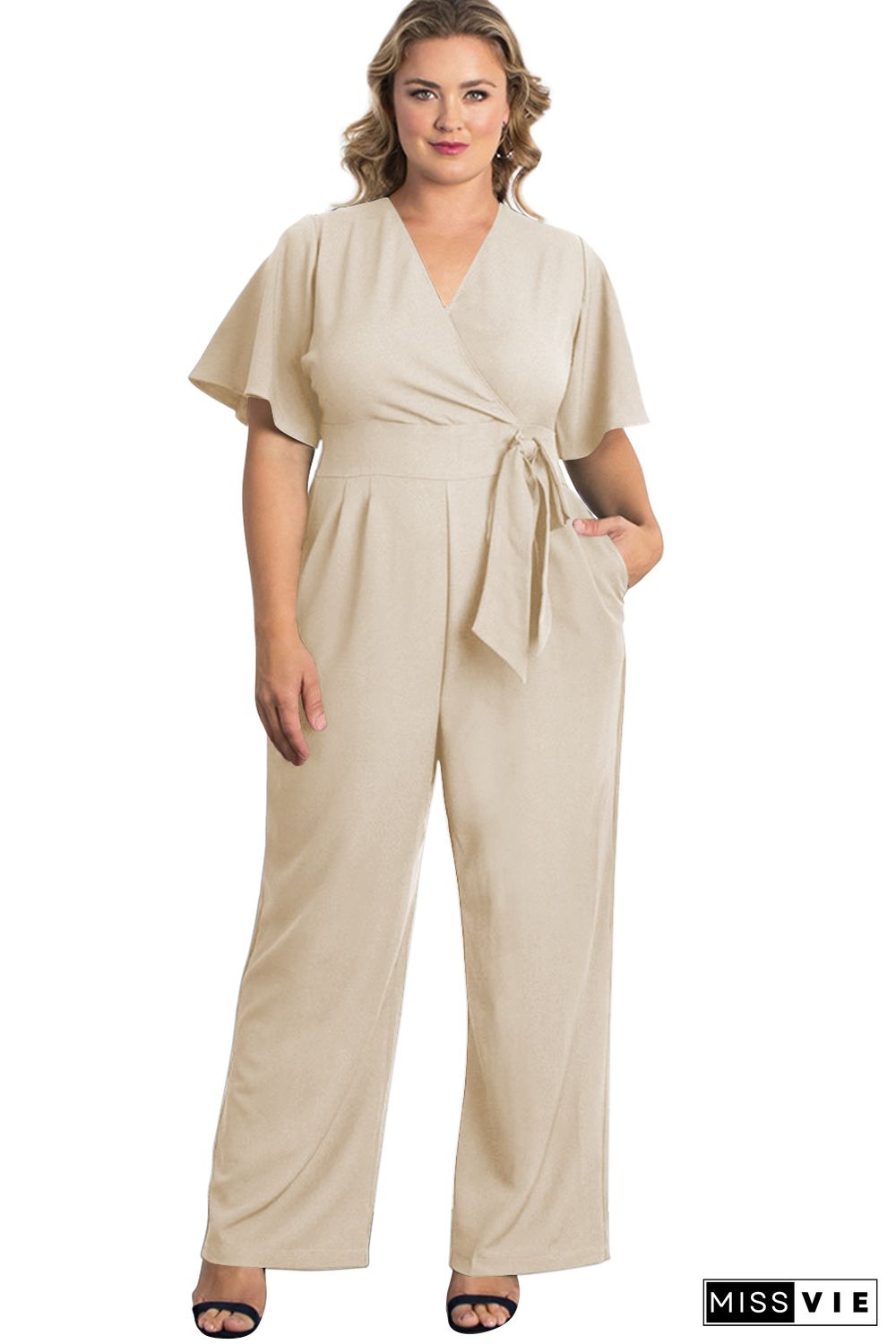 Apricot V Neck Tie Knot High Waist Plus Size Jumpsuit