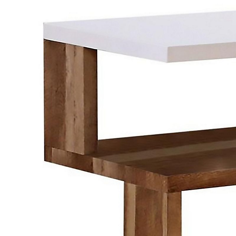 End Table with 2 Tier Shelves and Panel Legs， Brown and White