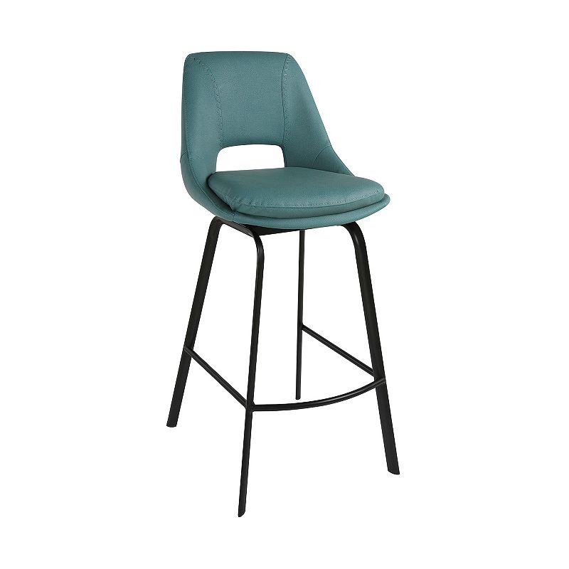 Ayn 30 Inch Modern Bar Stool， Vegan Faux Leather， Swivel， Metal， Blue