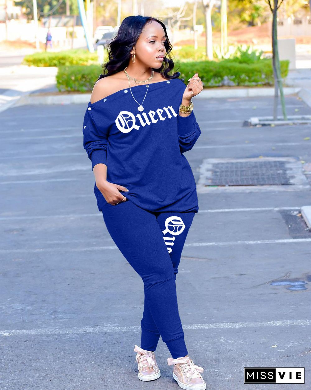 Letter Off Shoulder T-shirt Jogger Pants Tracksuit