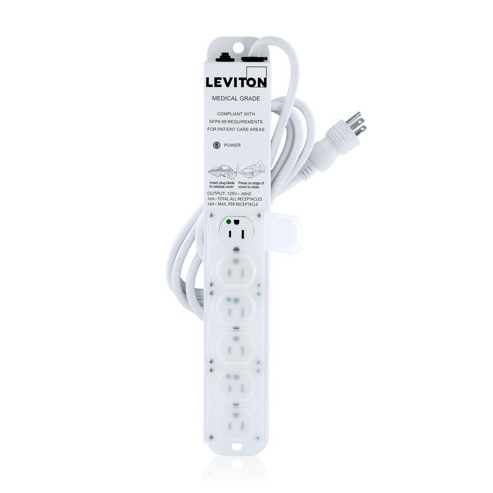 Leviton 15 Amp Medical Grade 6-Outlet Power Strip with Locking Covers and 7 Foot Cord with Right Angle White 5306M-1N7