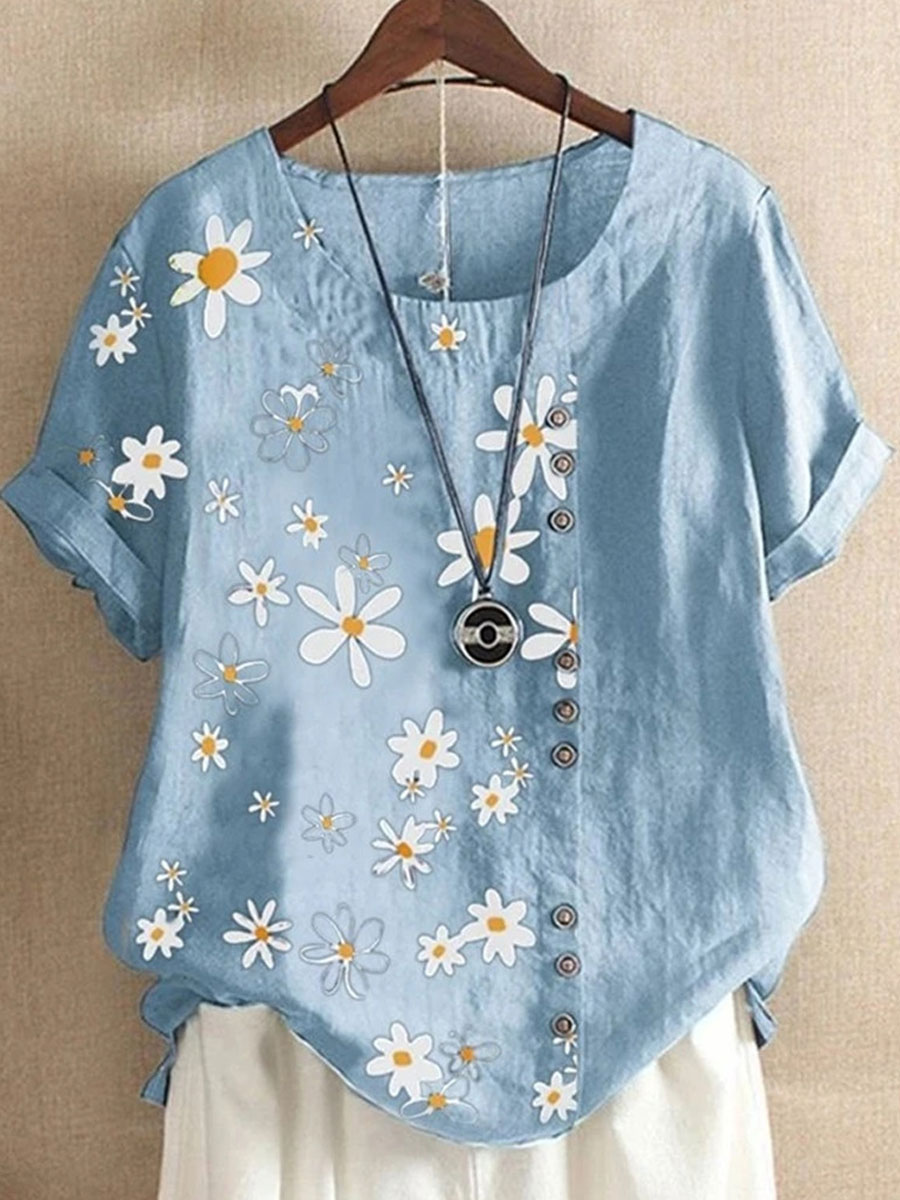 Casual Cotton Marguerite Flower Printed Short-Sleeved Blouse