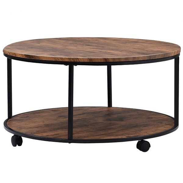 Rustic Design Round Coffee Table Featuring X-Shaped Base And Adjustable Leg Pads， Distressed Brown