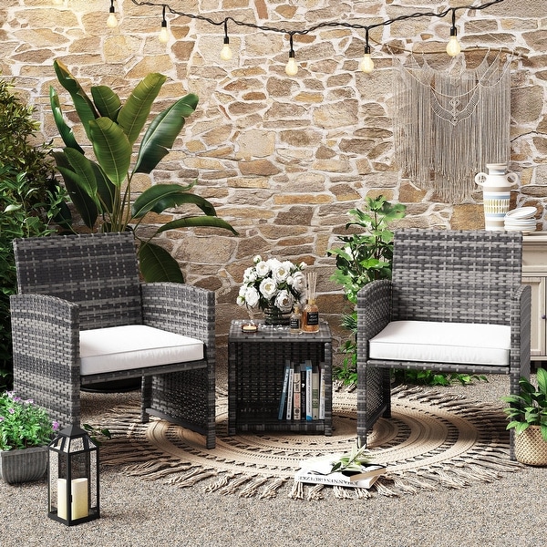 Patio 3 Pieces Wicker Bistro Set Cushioned Chair and Side Table