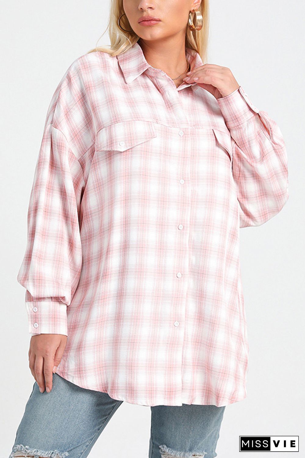 Plus Size Pink Plaid Shacket Loose Blouse Shirts Wholesale