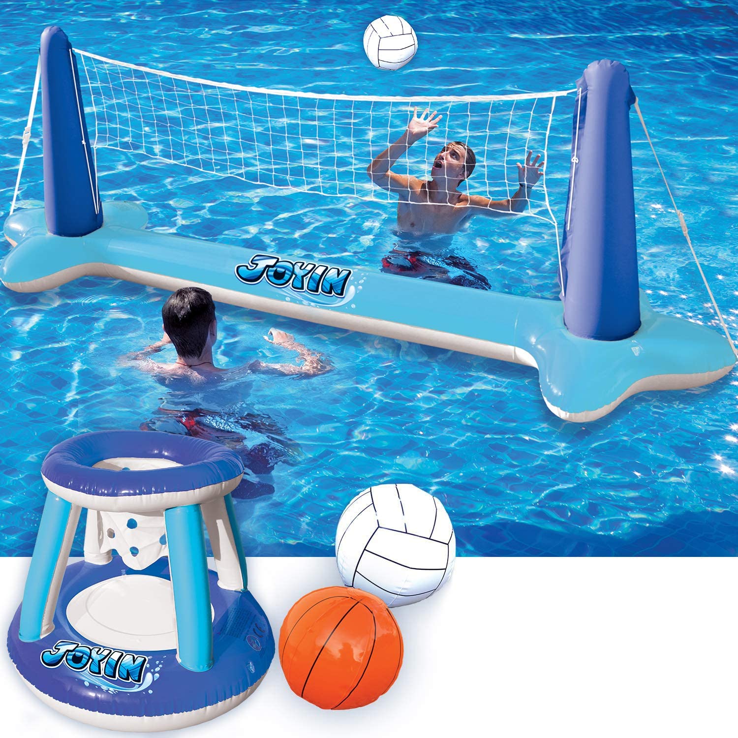 Clearance - Inflatable Volleyball Net & Basketball Hoops Pool Float Set, Blue