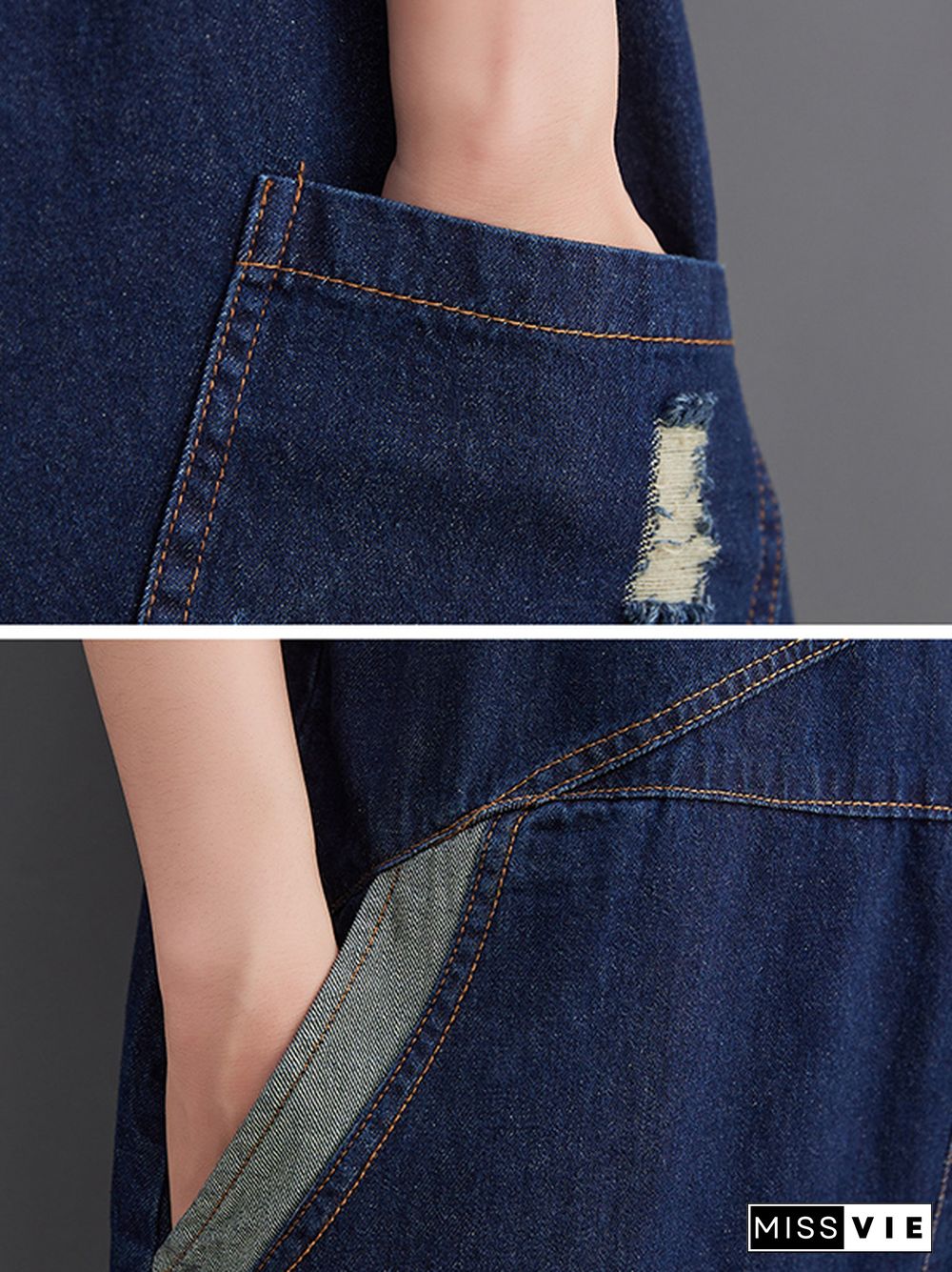 Casual Denim Contrast Color Split-Joint Overalls