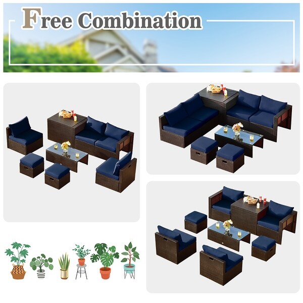 Costway 8PCS Patio Rattan Furniture Set SpaceSaving Storage Cushion