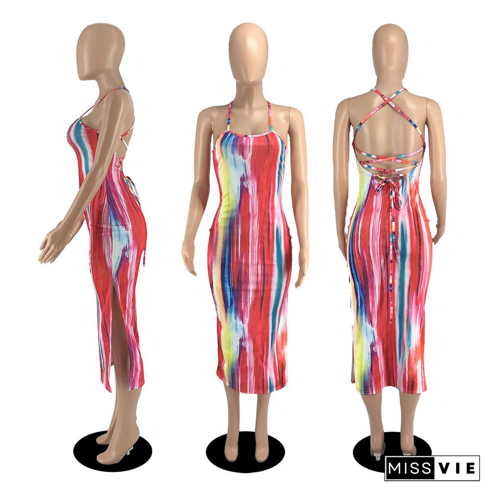 Tie Dye Print Halter Backless Bandage Sexy Dresses