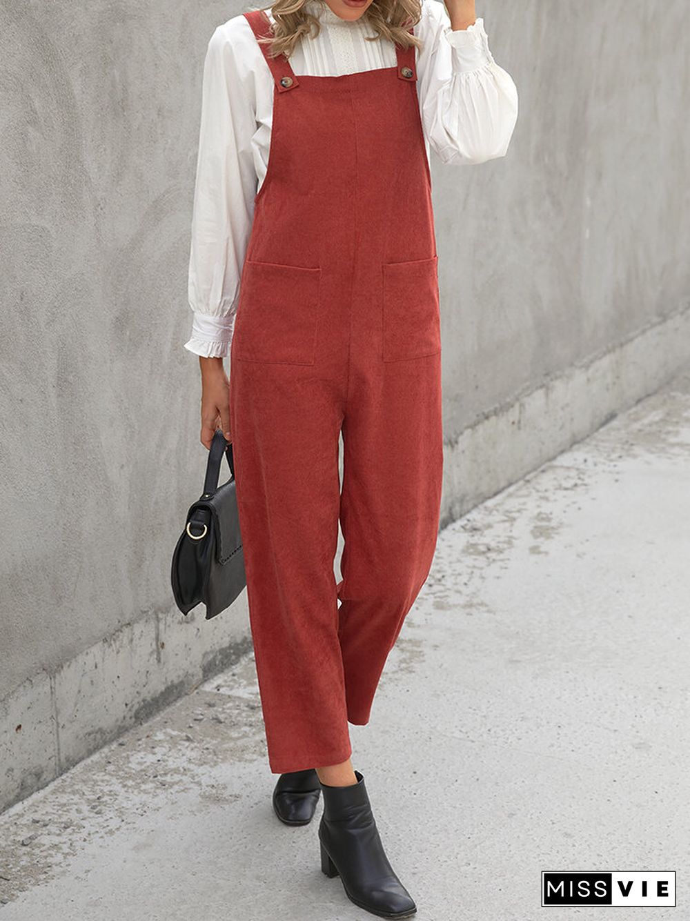 Corduroy Solid Color Pocket Casual Jumpsuit for Women