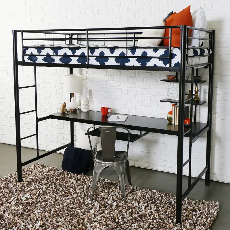 Contemporary Black Twin Loft Bed with Workstation - Walker Edison