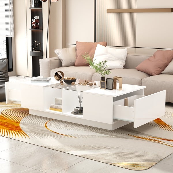 LED Coffee Table Modern High Glossy Coffee Table with Glass Design - 47.4