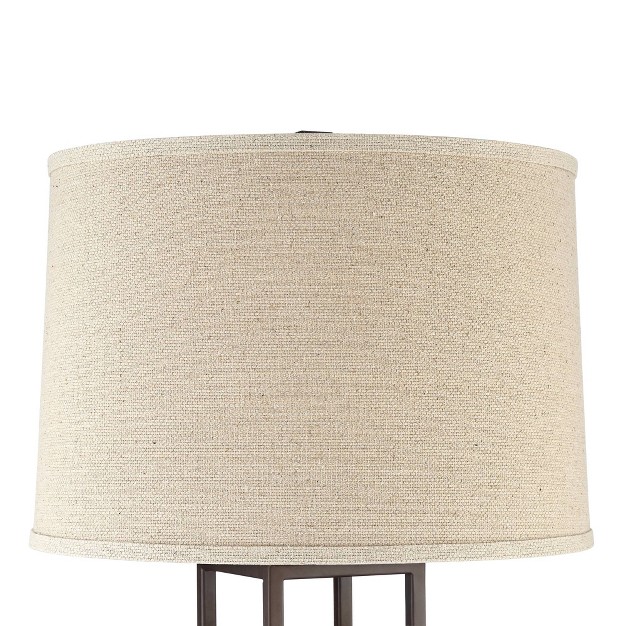 Tall Brown Caged With Led Nightlight Oatmeal Fabric Drum Shade For Bedroom Living Room