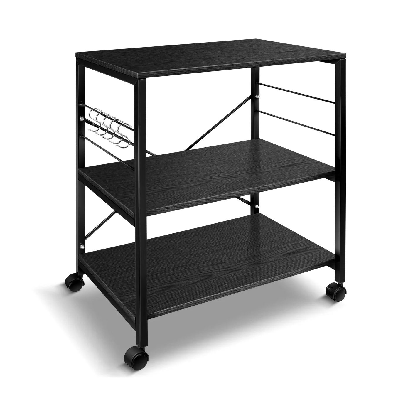 Cheflaud Kitchen Microwave Cart， 3-Tier Kitchen Utility Cart Vintage Rolling Bakers Rack with 5 Hooks， Black