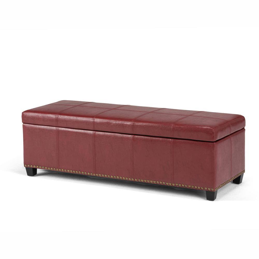 Simpli Home Kingsley 48 in. Transitional Storage Ottoman in Radicchio Red Bonded Leather 3AXCOT-240-RRD