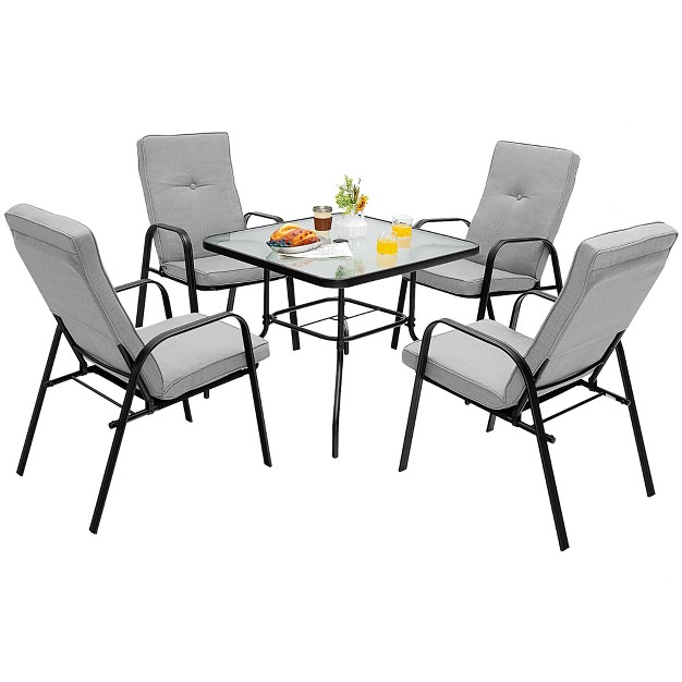 Costway Patiojoy 5pcs Patio Dining Set 4 Stackable Chairs Cushioned Square Glass Table