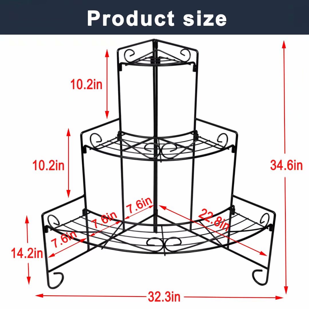 CERBIOR Plant Stand Planter Shelves Flowers, 3-Tier Free Standing Foldable, A-Frame Indoor Outdoor Plant Rack for Patio Balcony Garden Living Room, Black Scroll