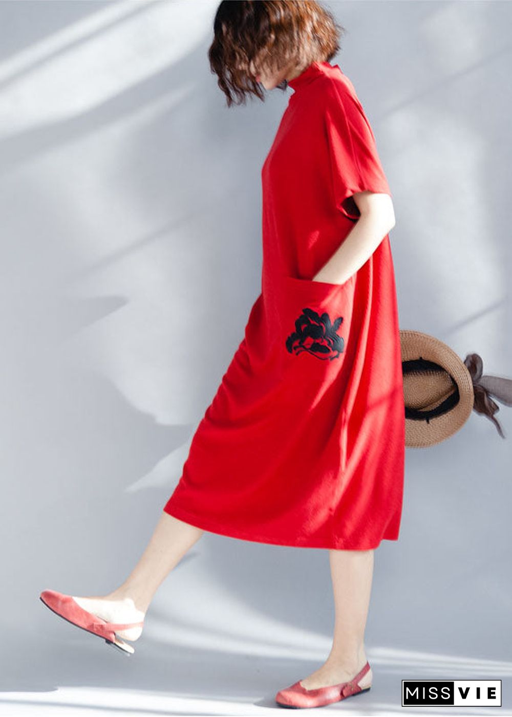 Boutique Red Solid Turtle Neck Cotton Party Dress Short Sleeve