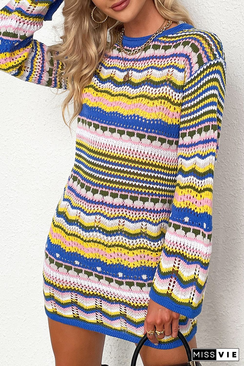 Rainbow Stripe Long Sleeve Knitted Dress Women Wholesale