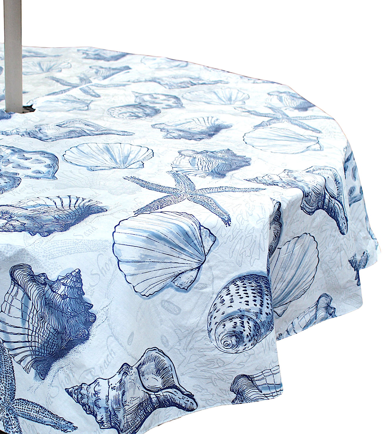 Outdoor Summer Ocean Beach Shells Sketched Coastal Patio Table Umbrella Vinyl Tablecloth, Umbrella Hole with Zipper, Navy Blue White, 52" x 70" Inch Rectangle