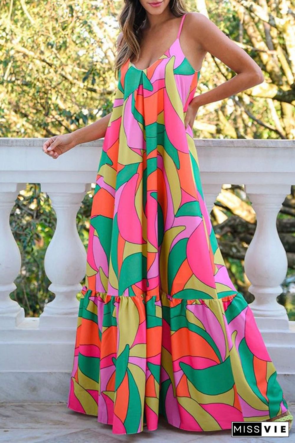 Multicolor Boho Geometric Print Sleeveless Maxi Dress