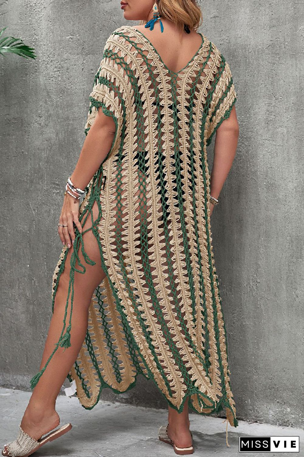 Sexy Patchwork Hollowed Out Slit Weave V Neck Beach Plus Size Dresses