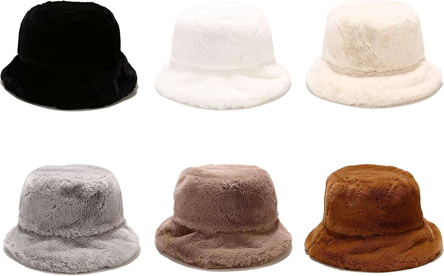 Winter Faux Fur Bucket Hat Fluffy Warm Hat For Women Men A Black -