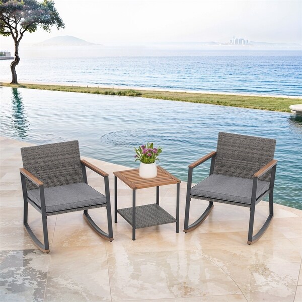 3 Pieces Rocking Wicker Bistro Set，Patio Outdoor Furniture Conversation Sets with Porch Chairs and Glass Coffee Table