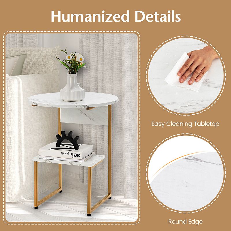 2-Tier Round End Beside Table with Metal Frame-White