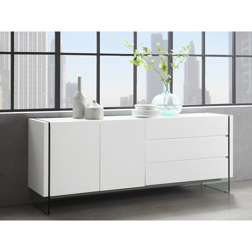 IL VETRO buffet server in high gloss white lacquer with clear glass.