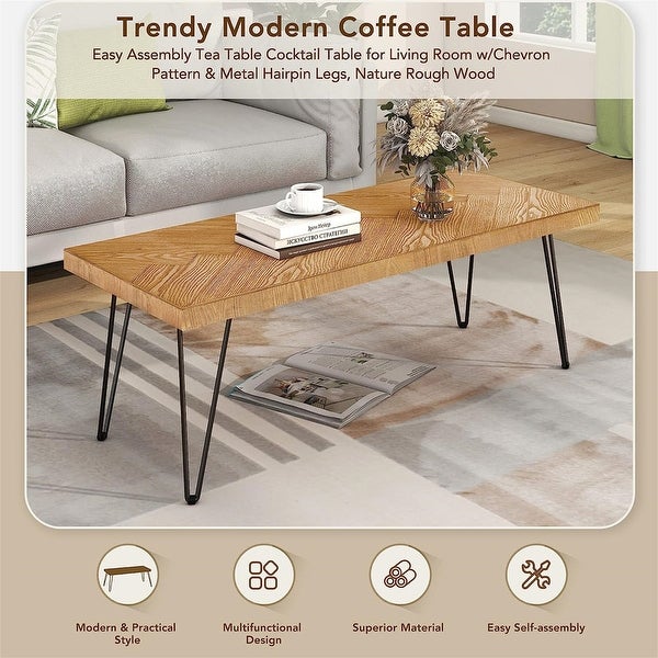 Natural wood coffee table 43.3-inch coffee table with chevron pattern and metal hairpin legs