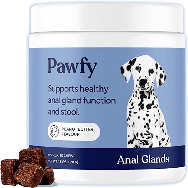 Pawfy Anal Gland Peanut Butter Flavored Supplement for Dogs， 30 count