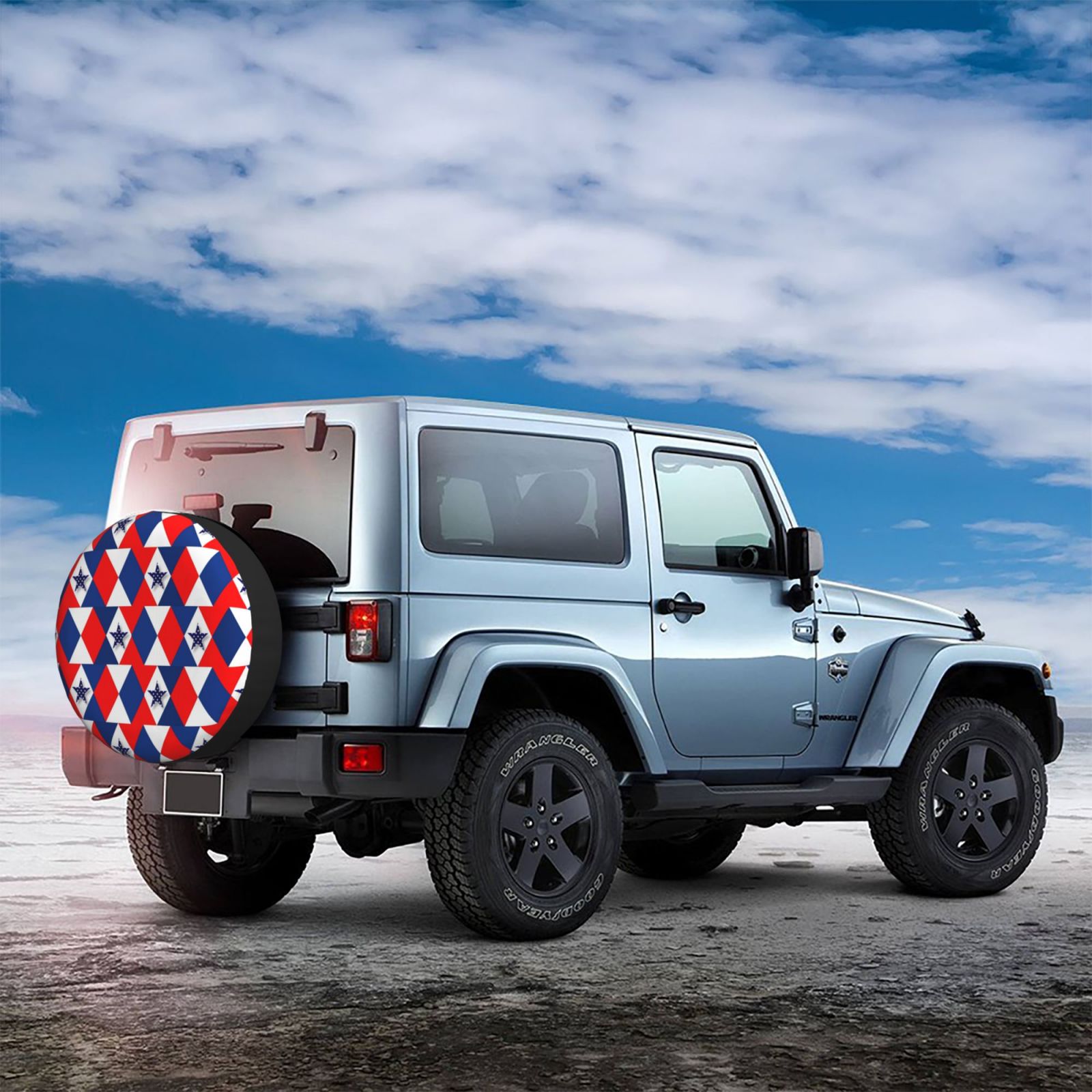 DouZhe Waterproof Spare Tire Cover， Patriotic Red White Blue 3D Stars Prints Adjustable Wheel Covers Fit for Jeep Trailer RV SUV Car， 14 inch