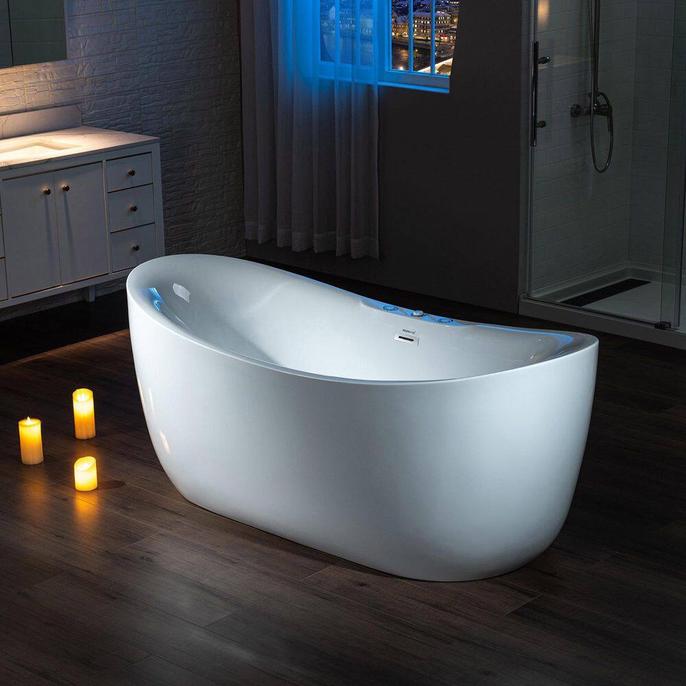 WOODBRIDGE 71 in. Acrylic Flatbottom Freestanding Whirlpool and Air with Inline Heater BathtubDrain and Overflow Included in White HBT6076