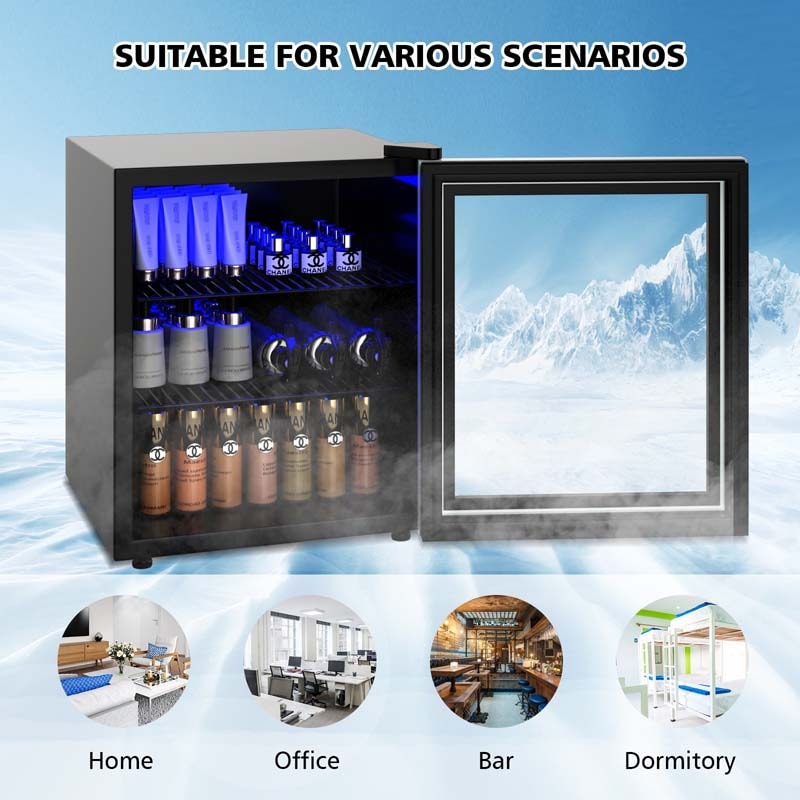 60-Can Mini Drink Fridge 1.6 Cu.Ft Beverage Refrigerator Cooler with Glass Door & Adjustable Shelf, Blue LED Light