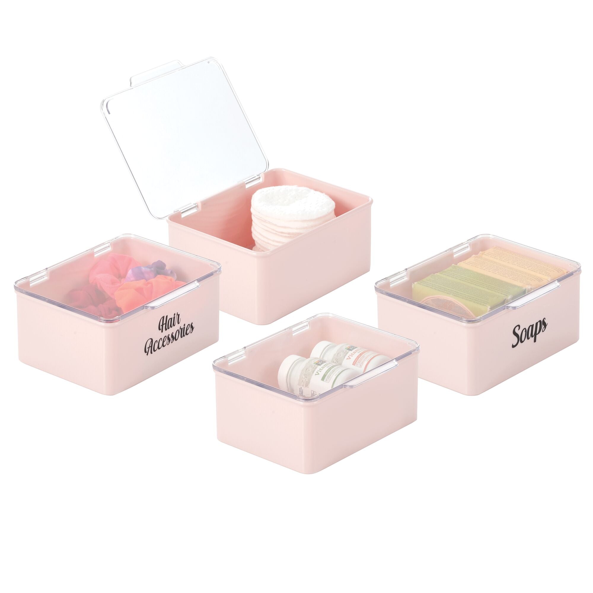 mDesign Stackable Plastic Storage Box with Hinged Lid - Organizer for Vitamins, Supplements, Essential Oils, Medicine, Bandages, First Aid Supplies - Pack of 4, Includes 32 Labels - Light Pink/Clear