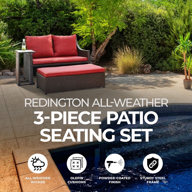 Four Seasons Courtyard x27 s Redington All weather Chic 3 piece Patio Seating Furniture Set With Loveseat Cushions Table And Ottoman Red